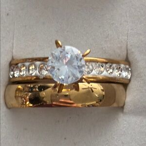 Set of 2 Women's Ring Set Stainless Steel Gold Tone Prong Set